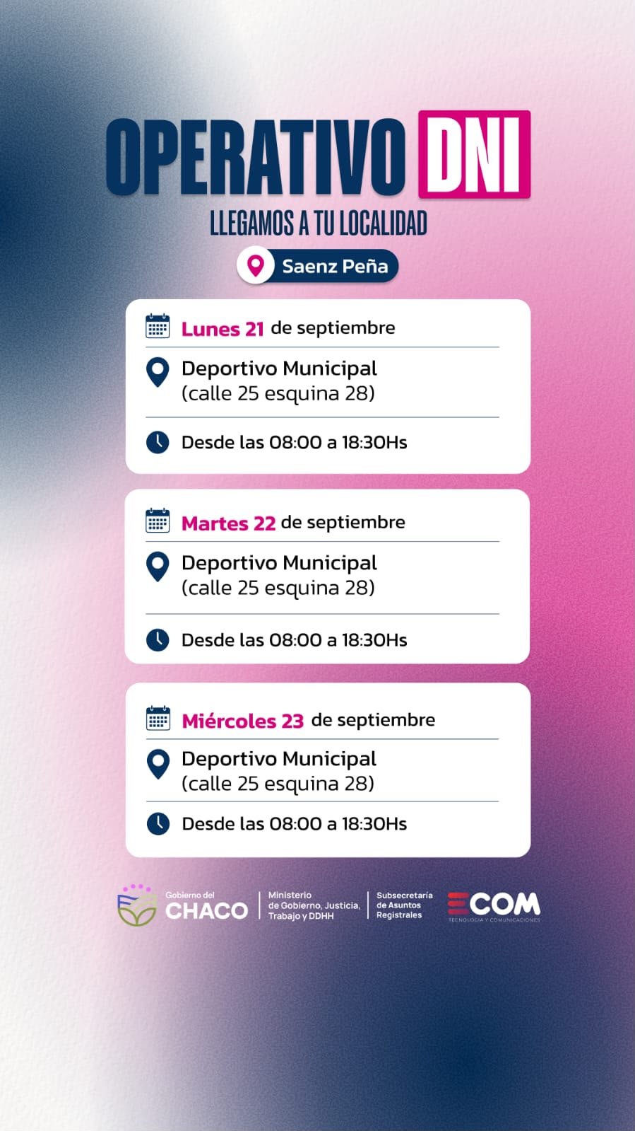 Operativo DNI en Sáenz Peña: seis jornadas de atención del lunes 21 al sábado 26 de septiembre